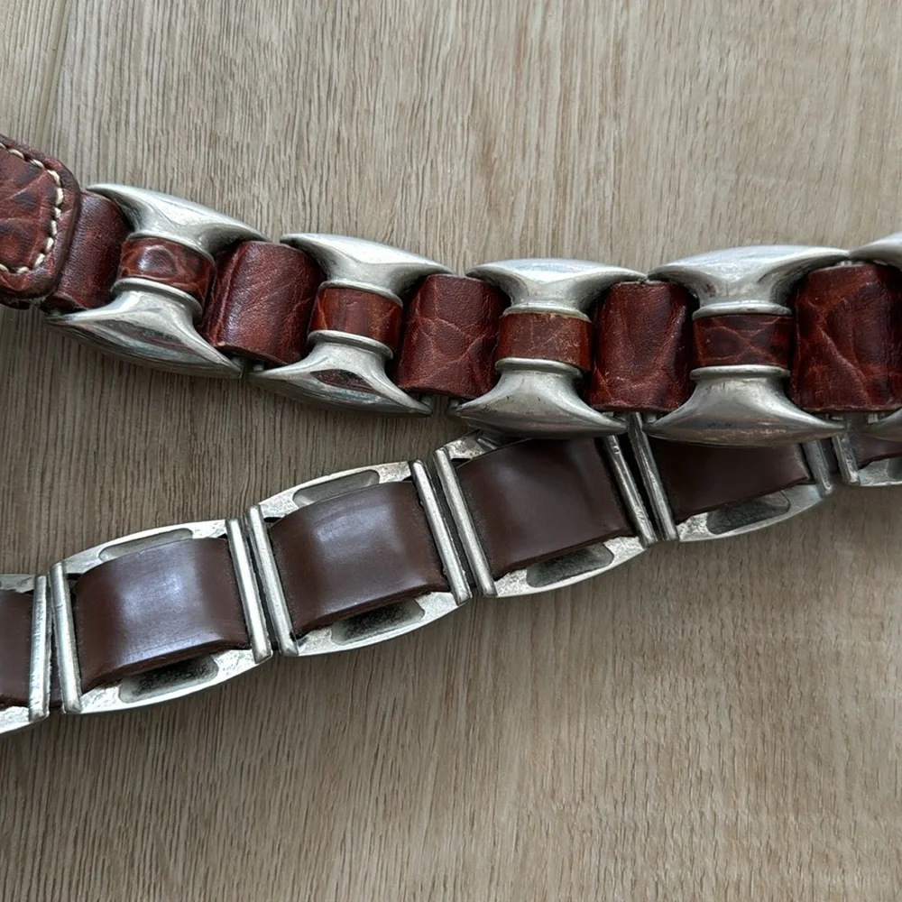 Vintage Leather Brown Unique Heavy Silvertone Embellished Woven Belt